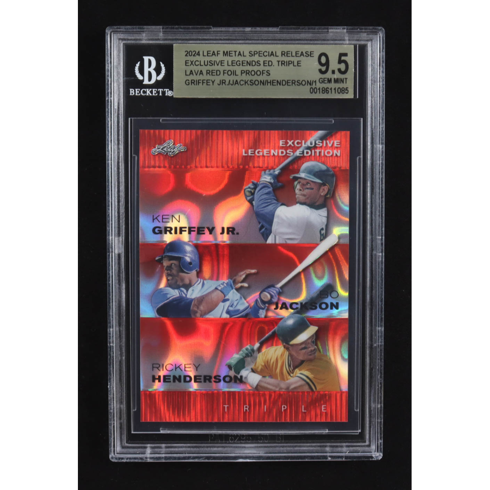 Ken Griffey Jr. / Bo Jackson / Rickey Henderson 2024 Leaf Metal Special Release Exclusive Legends Ed. Triple Lava Red Foil Proofs (BGS 9.5) at PristineAuction.com