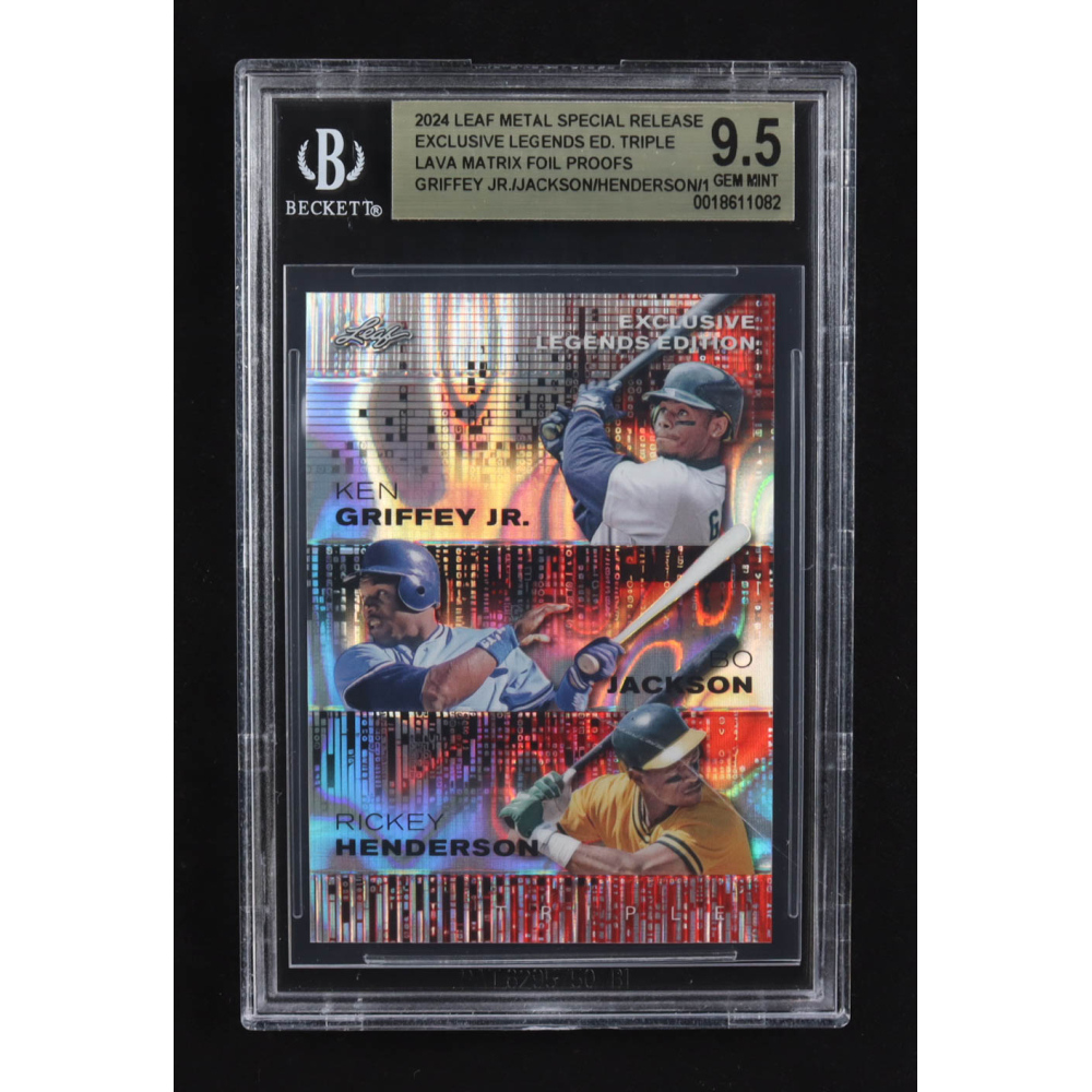 Ken Griffey Jr. / Bo Jackson / Rickey Henderson 2024 Leaf Metal Special Release Exclusive Legends Ed. Triple Lava Matrix Foil Proofs (BGS 9.5) at PristineAuction.com