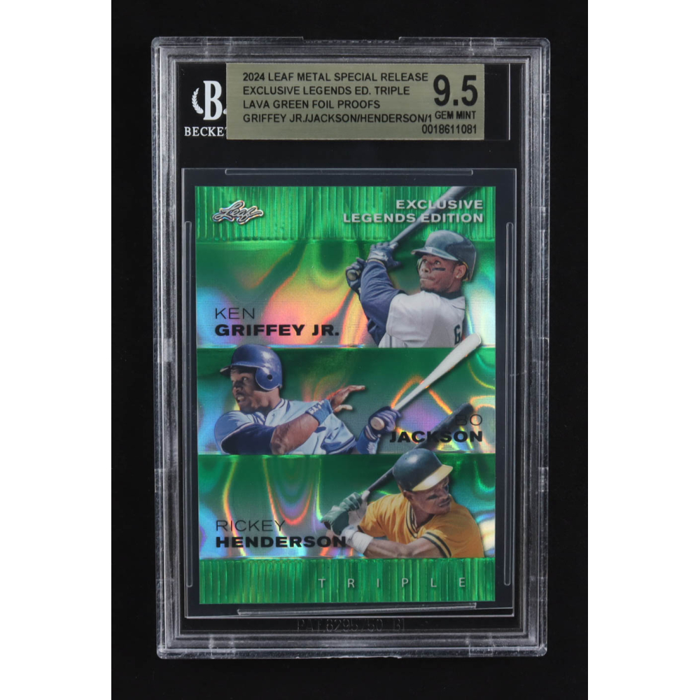 Ken Griffey Jr. / Bo Jackson / Rickey Henderson 2024 Leaf Metal Special Release Exclusive Legends Ed. Triple Lava Green Foil Proofs (BGS 9.5) at PristineAuction.com