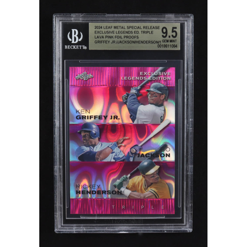 Ken Griffey Jr. / Bo Jackson / Rickey Henderson 2024 Leaf Metal Special Release Exclusive Legends Ed. Triple Lava Pink Foil Proofs (BGS 9.5) at PristineAuction.com