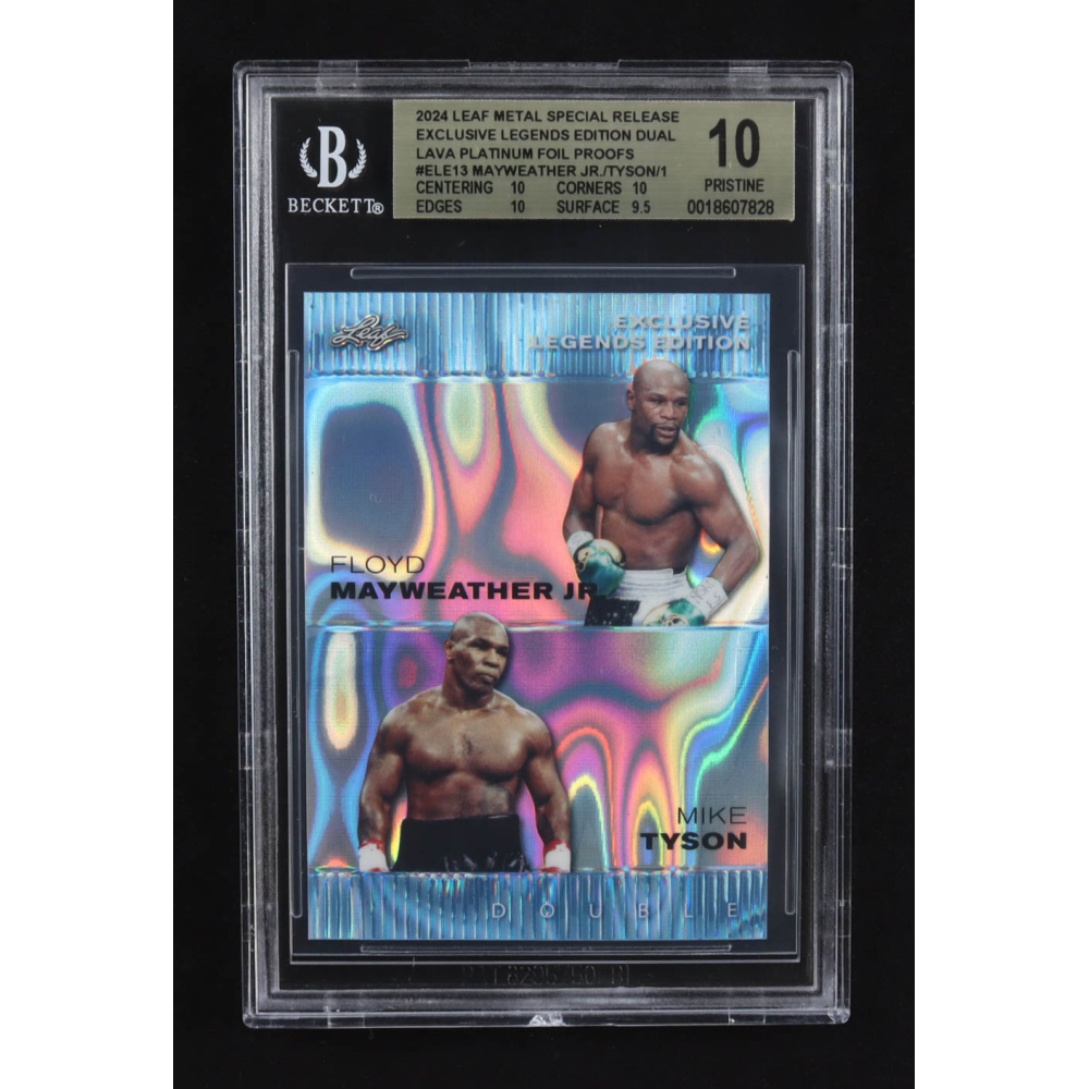 Mike Tyson / Floyd Mayweather Jr. 2024 Leaf Metal Special Release Exclusive Legends Ed. Dual Lava Platinum Foil Proofs #ELE13 (BGS 10) at PristineAuction.com