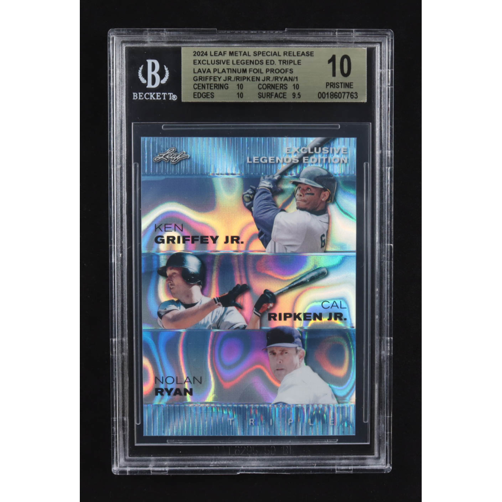 Ken Griffey Jr. / Cal Ripken Jr. / Nolan Ryan 2024 Leaf Metal Special Release Exclusive Legends Ed. Triple Lava Platinum Foil Proofs (BGS 10) at PristineAuction.com