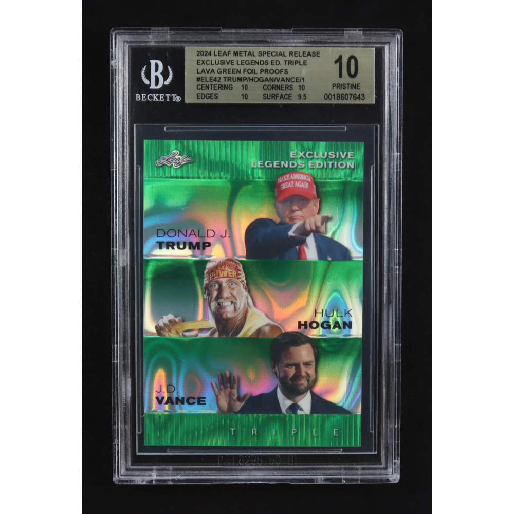 Donald J. Trump / Hulk Hogan / J.D. Vance 2024 Leaf Metal Special Release Exclusive Legends Ed. Triple Green Foil Proofs #ELE42 (BGS 10) at PristineAuction.com
