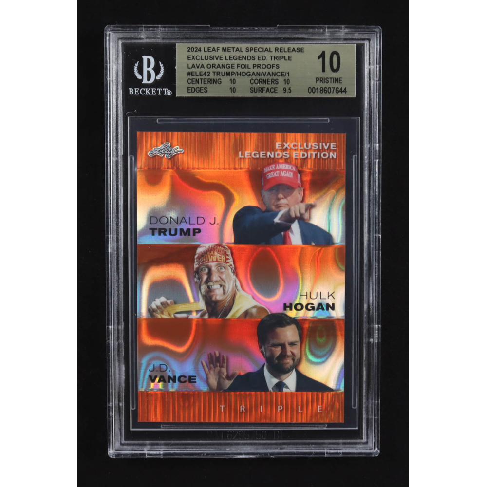Donald J. Trump / Hulk Hogan / J.D. Vance 2024 Leaf Metal Special Release Exclusive Legends Ed. Triple Orange Foil Proofs #ELE42 (BGS 10) at PristineAuction.com