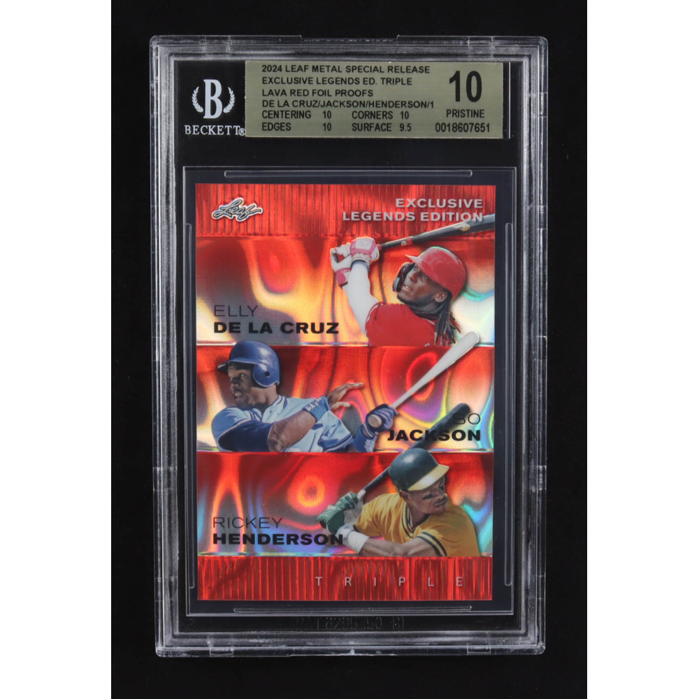 Elly De La Cruz / Bo Jackson / Rickey Henderson 2024 Leaf Metal Special Release Exclusive Legends Ed. Triple Red Foil Proofs #1/1 (BGS 10) at PristineAuction.com