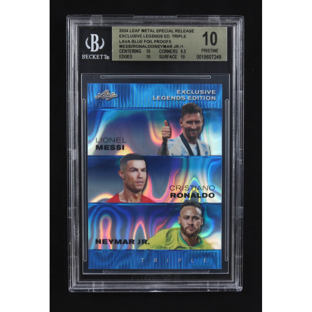 Lionel Messi / Cristiano Ronaldo / Neymar Jr 2024 Leaf Metal Special Release Exclusive Legends Ed. Triple Lava Blue Foil Proofs (BGS 10) at PristineAuction.com