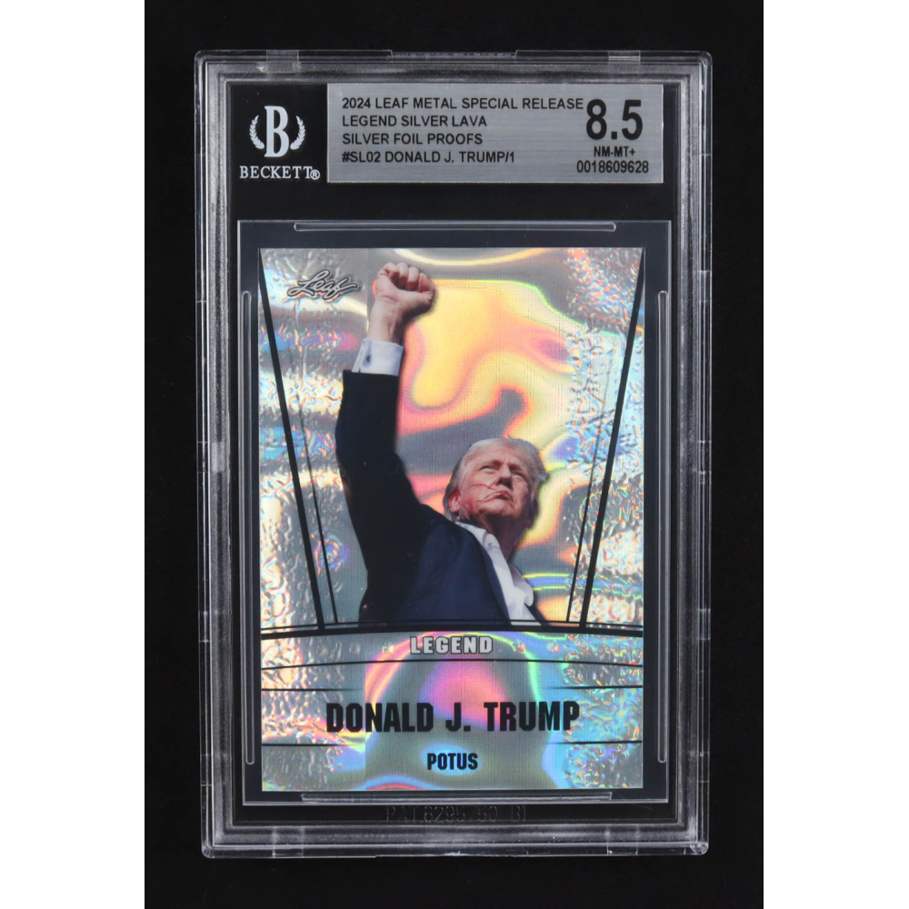 Donald J. Trump 2024 Leaf Metal Special Release Prized Legend Silver Lava Silver Foil Proofs #SL-02 (BGS 8.5) at PristineAuction.com