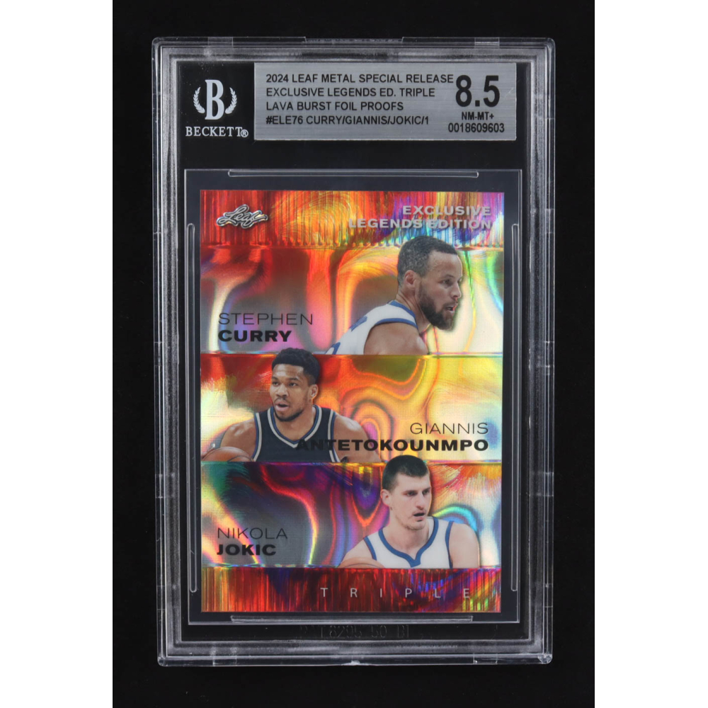 Nikola Jokic / Giannis Antetokounmpo / Stephen Curry 2024 Leaf Metal Special Release Exclusive Legends Ed. Triple Lava Burst Foil Proofs #ELE76 (BGS 8.5) at PristineAuction.com