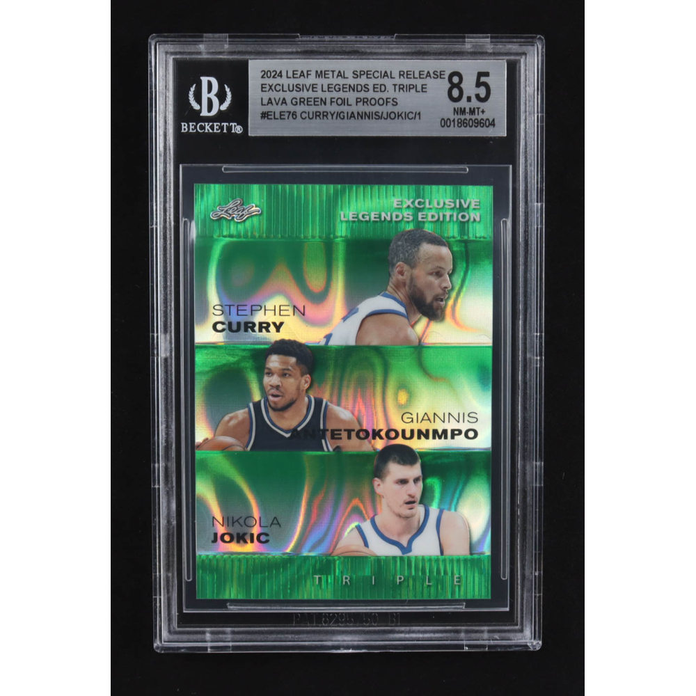 Nikola Jokic / Giannis Antetokounmpo / Stephen Curry 2024 Leaf Metal Special Release Exclusive Legends Ed. Triple Lava Green Foil Proofs #ELE76 (BGS 8.5) at PristineAuction.com