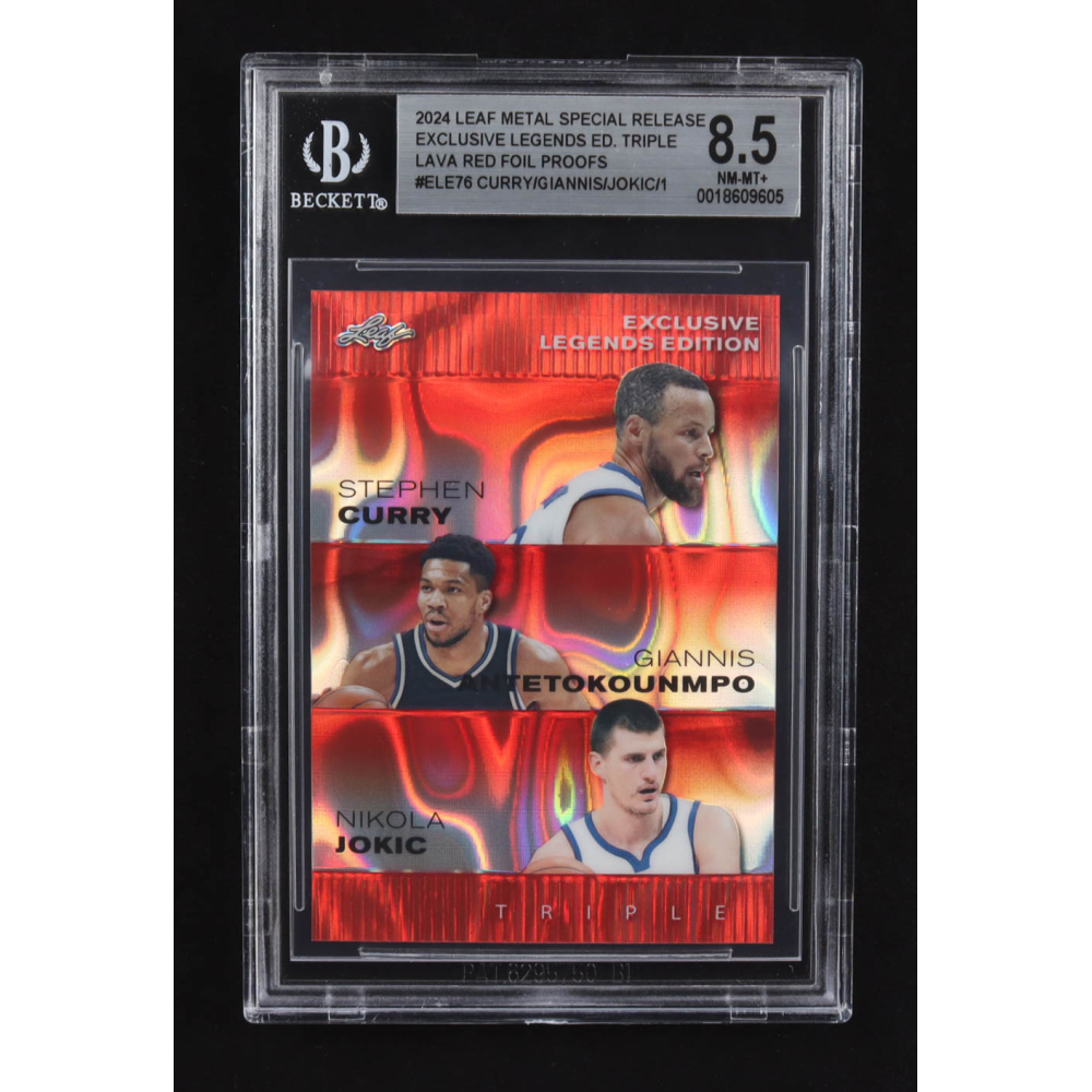 Nikola Jokic / Giannis Antetokounmpo / Stephen Curry 2024 Leaf Metal Special Release Exclusive Legends Ed. Triple Lava Red Foil Proofs #ELE76 (BGS 8.5) at PristineAuction.com