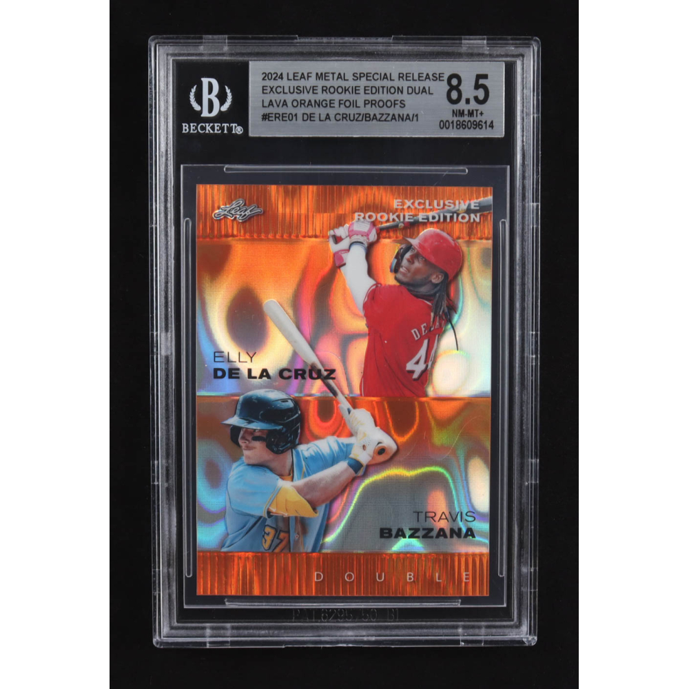 Elly De La Cruz / Travis Bazzana 2024 Leaf Metal Special Release Exclusive Rookie Ed. Dual Lava Orange Foil Proofs #ERE01 RC #1/1 (BGS 8.5) at PristineAuction.com