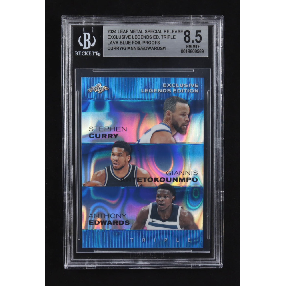 Giannis Antekounmpo / Anthony Edwards / Stephen Curry 2024 Leaf Metal Special Release Exclusive Legends Ed. Triple Lava Blue Foil Proofs (BGS 8.5) at PristineAuction.com