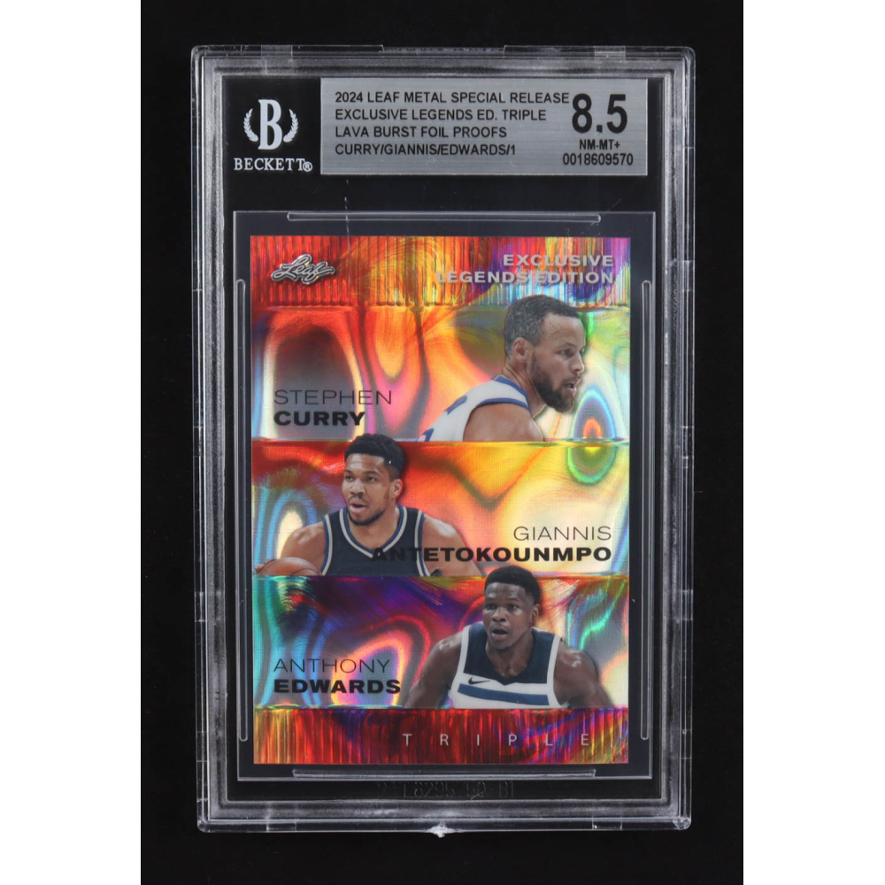 Giannis Antekounmpo / Anthony Edwards / Stephen Curry 2024 Leaf Metal Special Release Exclusive Legends Ed. Triple Lava Burst Foil Proofs (BGS 8.5) at PristineAuction.com