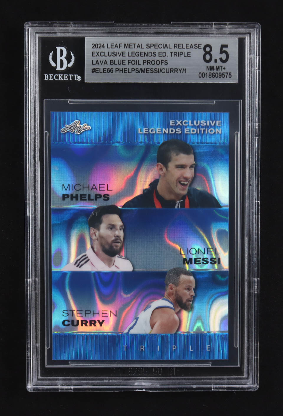 Lionel Messi / Michael Phelps / Stephen Curry 2024 Leaf Metal Special Release Exclusive Legends Ed. Triple Lava Blue Foil Proofs #ELE66 (BGS 8.5) at PristineAuction.com Lionel Messi / Michael Phelps / Stephen Curry 2024 Leaf Metal Special Release Exclusive Legends Ed. Triple Lava Blue Foil Proofs #ELE66 (BGS 8.5) at PristineAuction.com