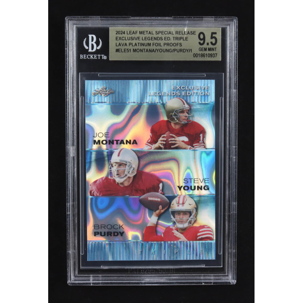 Joe Montana / Steve Young / Brock Purdy 2024 Leaf Metal Special Release Exclusive Legends Ed. Triple Lava Platinum Foil Proofs #ELE51 (BGS 9.5) at PristineAuction.com