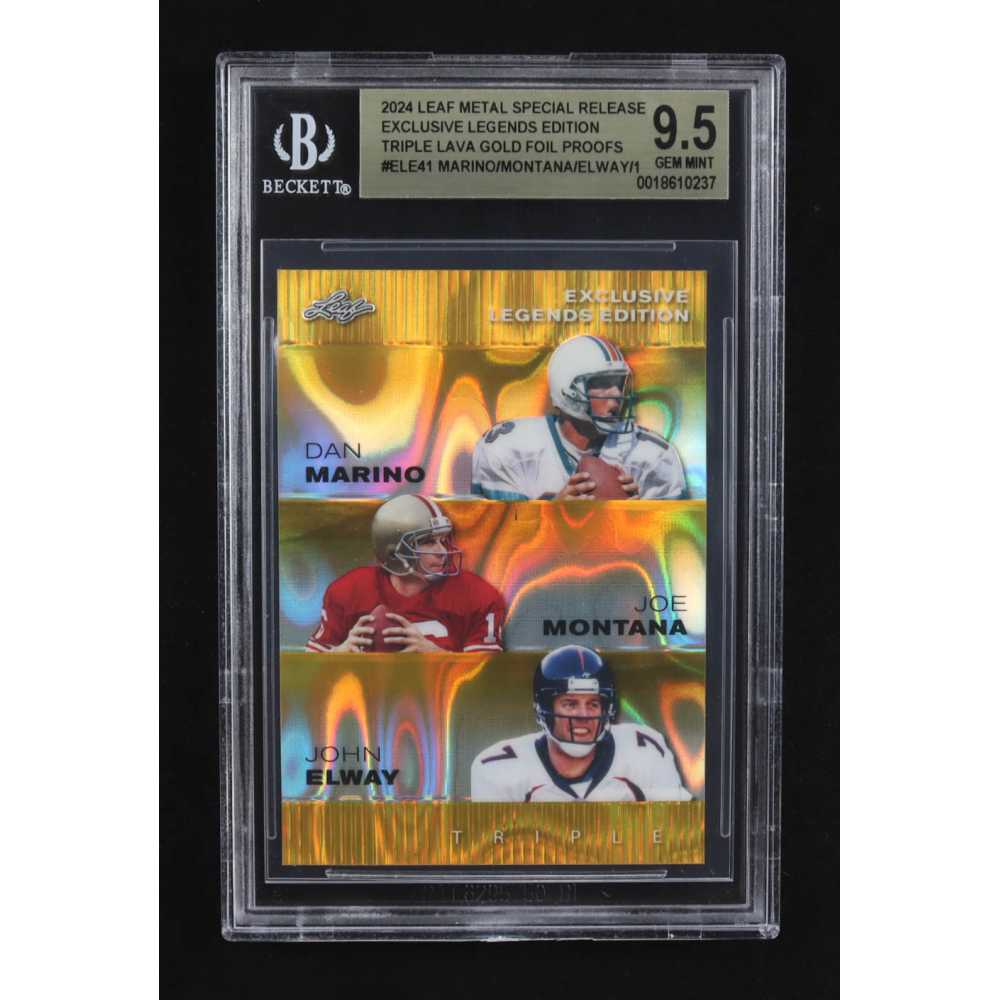 Dan Marino / Joe Montana / John Elway 2024 Leaf Metal Special Release Exclusive Legends Ed. Triple Lava Gold Foil Proofs #ELE41 (BGS 9.5) at PristineAuction.com