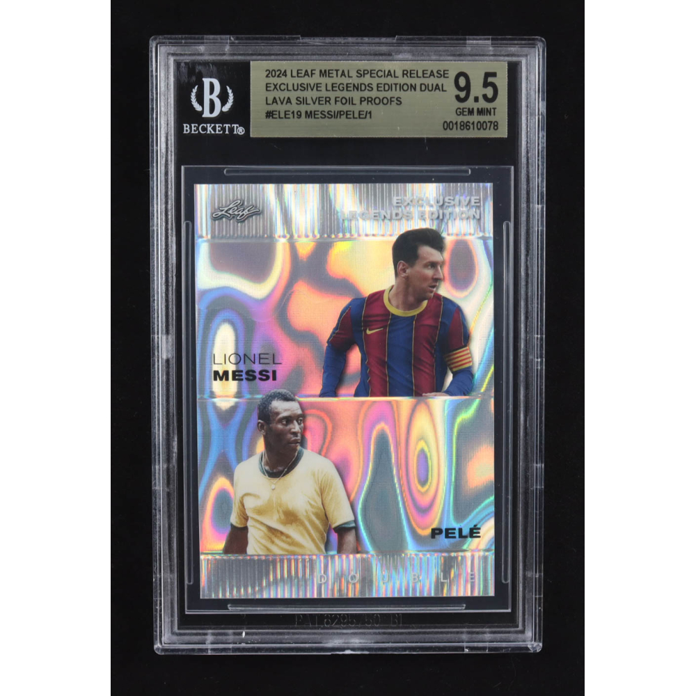 Lionel Messi / Pele 2024 Leaf Metal Special Release Exclusive Legends Ed. Dual Lava Silver Foil Proofs #ELE19 (BGS 9.5) at PristineAuction.com