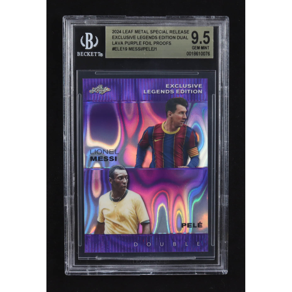 Lionel Messi / Pele 2024 Leaf Metal Special Release Exclusive Legends Ed. Dual Lava Purple Foil Proofs #ELE19 (BGS 9.5) at PristineAuction.com