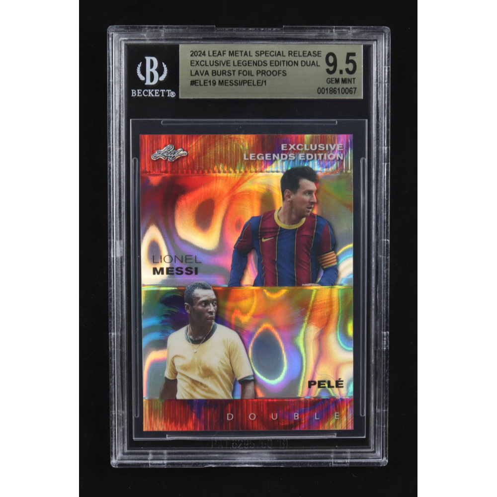 Lionel Messi / Pele 2024 Leaf Metal Special Release Exclusive Legends Ed. Dual Lava Burst Foil Proofs #ELE19 (BGS 9.5) at PristineAuction.com