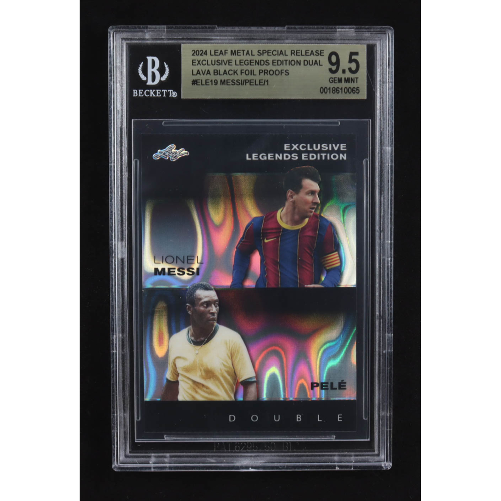 Lionel Messi / Pele 2024 Leaf Metal Special Release Exclusive Legends Ed. Dual Lava Black Foil Proofs #ELE19 (BGS 9.5) at PristineAuction.com