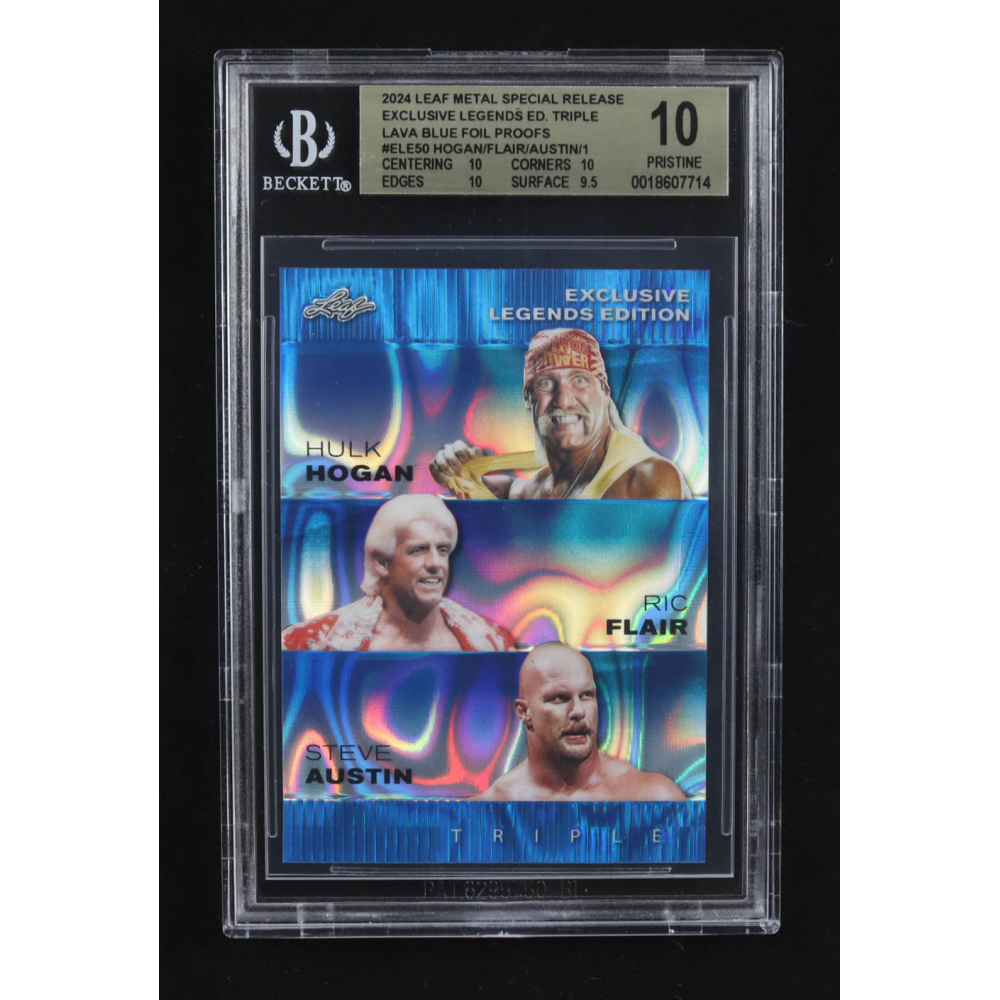 Steve Austin / Hulk Hogan / Ric Flair 2024 Leaf Metal Special Release Exclusive Legends Ed. Triple Lava Blue Foil Proofs #ELE50 (BGS 10) at PristineAuction.com