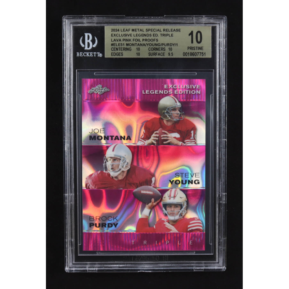 Joe Montana / Steve Young / Brock Purdy 2024 Leaf Metal Special Release Exclusive Legends Ed. Triple Lava Pink Foil Proofs #ELE51 (BGS 10) at PristineAuction.com