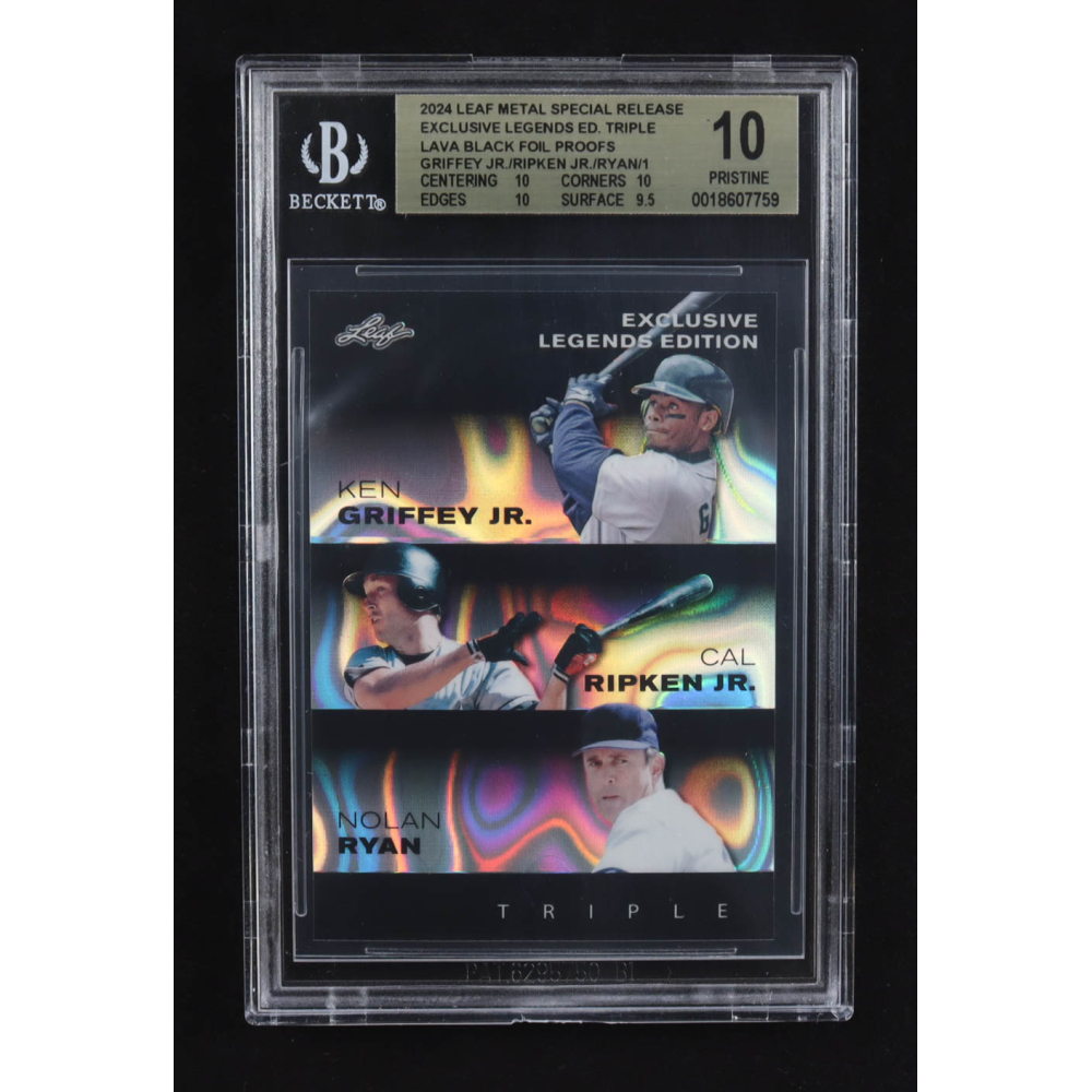 Ken Griffey Jr. / Cal Ripken Jr. / Nolan Ryan 2024 Leaf Metal Special Release Exclusive Legends Ed. Triple Lava Black Foil Proofs (BGS 10) at PristineAuction.com