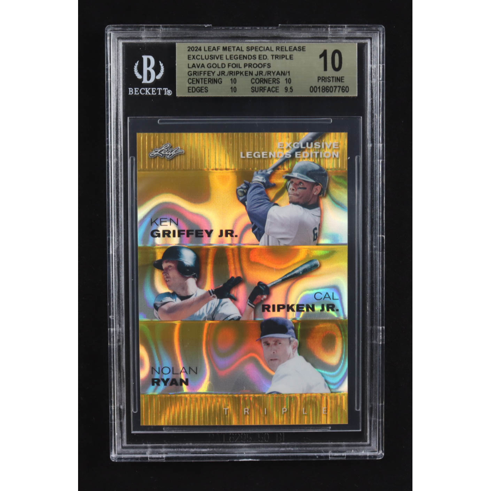 Ken Griffey Jr. / Cal Ripken Jr. / Nolan Ryan 2024 Leaf Metal Special Release Exclusive Legends Ed. Triple Lava Gold Foil Proofs (BGS 10) at PristineAuction.com