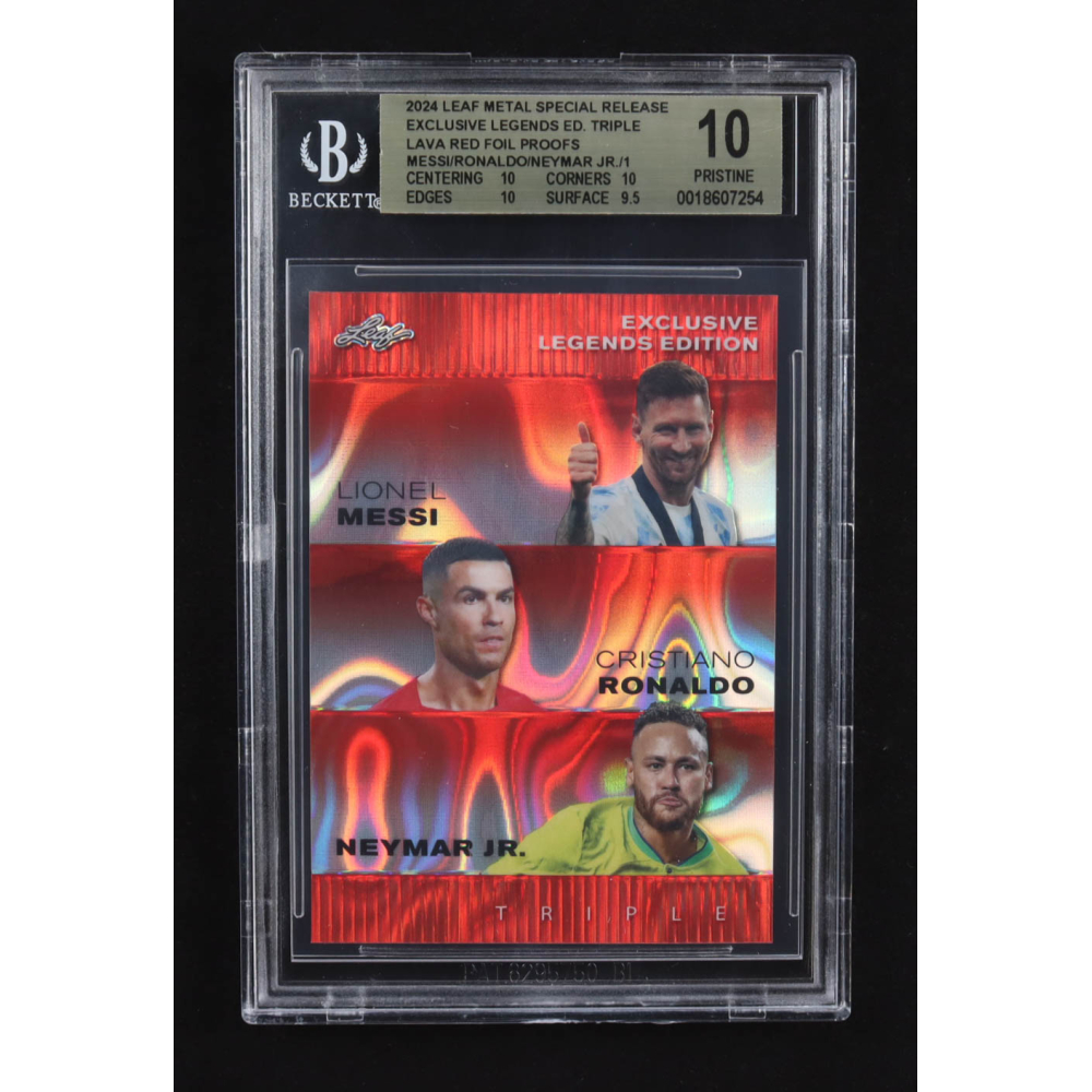 Lionel Messi / Cristiano Ronaldo / Neymar Jr 2024 Leaf Metal Special Release Exclusive Legends Ed. Triple Lava Red Foil Proofs (BGS 10) at PristineAuction.com