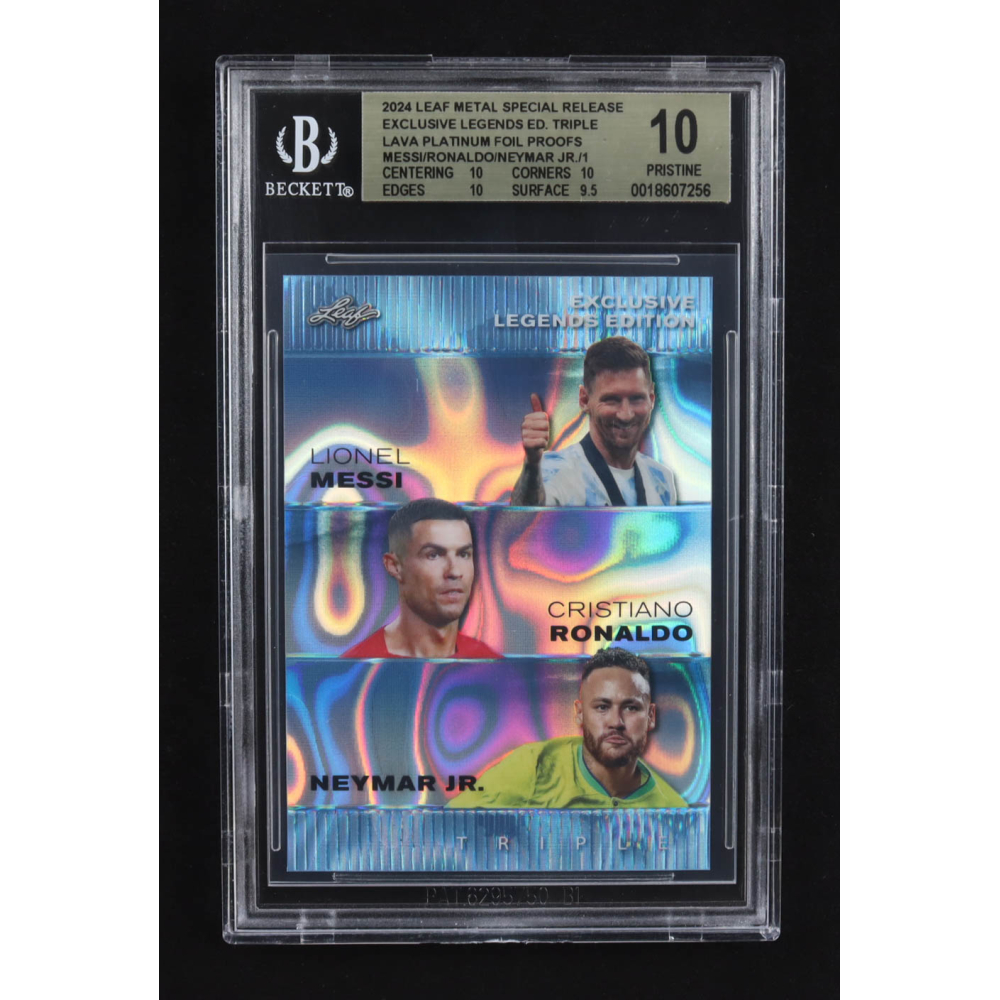 Lionel Messi / Cristiano Ronaldo / Neymar Jr 2024 Leaf Metal Special Release Exclusive Legends Ed. Triple Lava Platinum Foil Proofs (BGS 10) at PristineAuction.com
