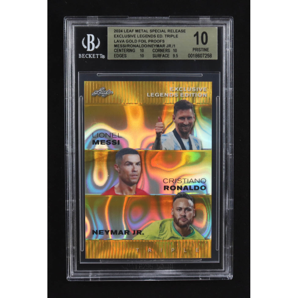 Lionel Messi / Cristiano Ronaldo / Neymar Jr 2024 Leaf Metal Special Release Exclusive Legends Ed. Triple Lava Gold Foil Proofs (BGS 10) at PristineAuction.com