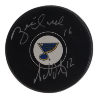Brett Hull & Adam Oates Signed Blues Logo Hockey Puck Inscribed "HOF 2009" (Schwartz) at PristineAuction.com