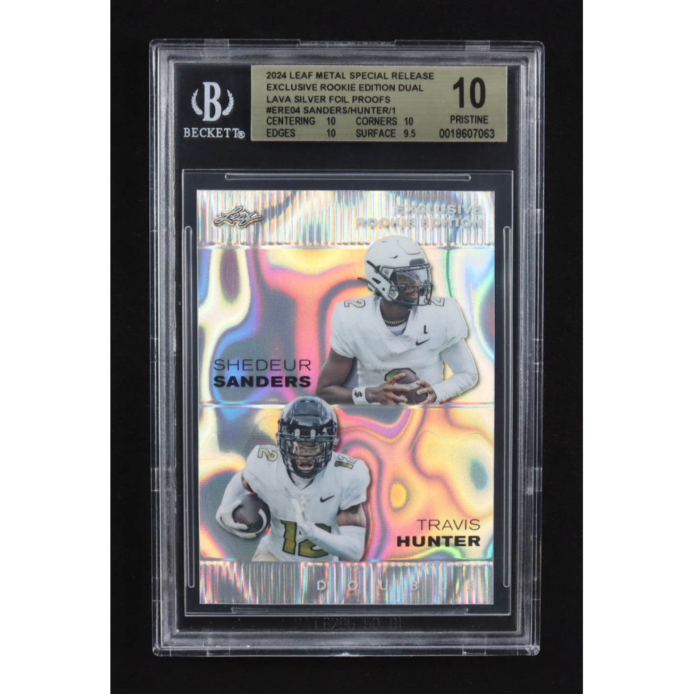 Shedeur Sanders / Travis Hunter 2024 Leaf Metal Special Release Exclusive Rookie Ed. Dual Lava Silver Foil Proofs #ERE04 RC #1/1 (BGS 10) at PristineAuction.com