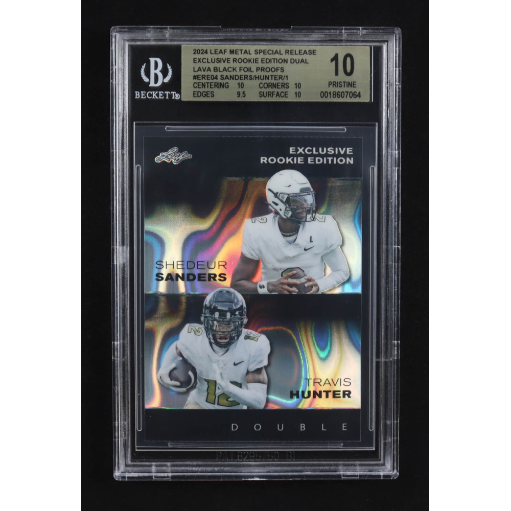 Shedeur Sanders / Travis Hunter 2024 Leaf Metal Special Release Exclusive Rookie Ed. Dual Lava Black Foil Proofs #ERE04 RC #1/1 (BGS 10) at PristineAuction.com
