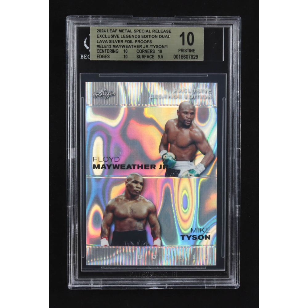 Mike Tyson / Floyd Mayweather Jr. 2024 Leaf Metal Special Release Exclusive Legends Ed. Dual Lava Silver Foil Proofs #ELE13 (BGS 10) at PristineAuction.com