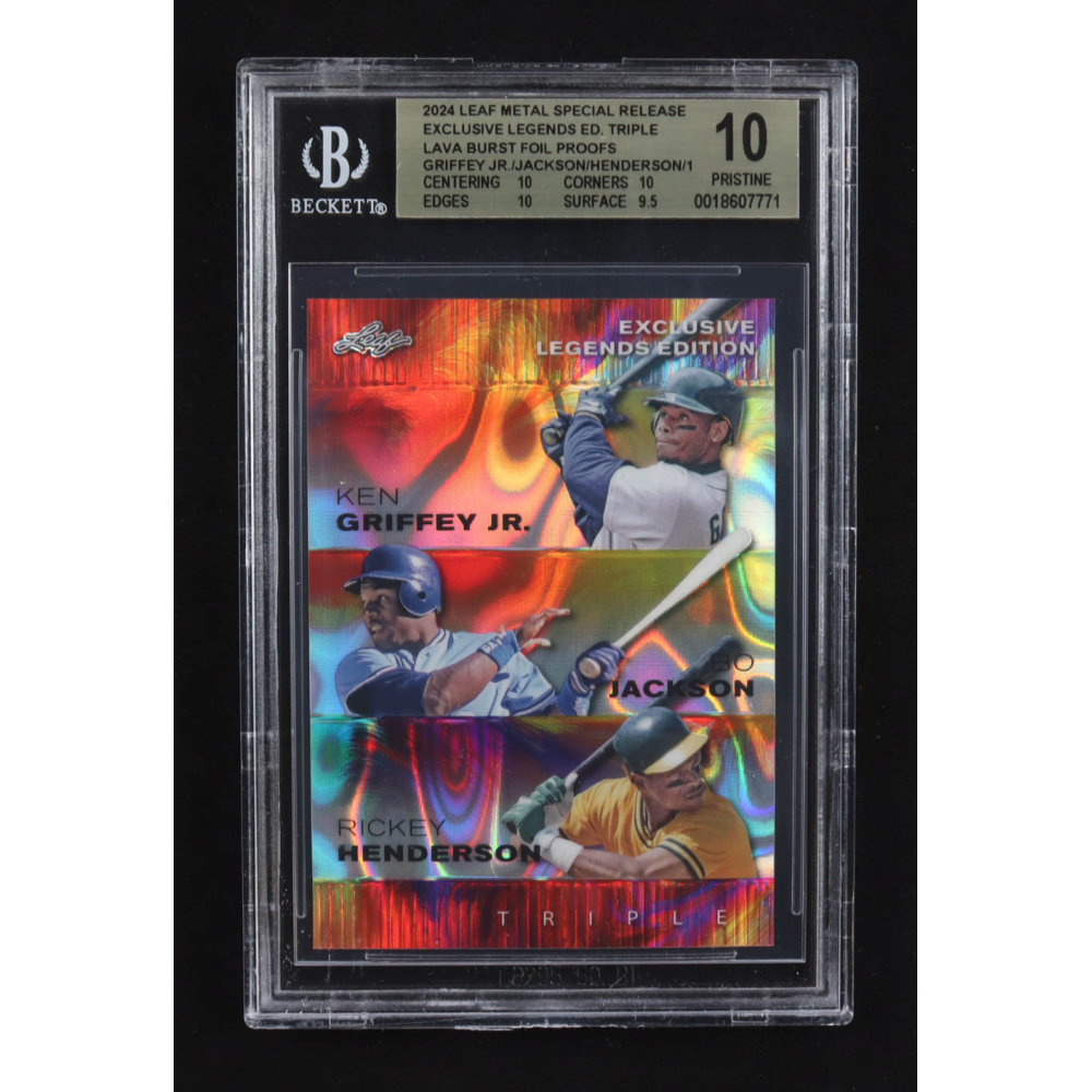 Ken Griffey Jr. / Bo Jackson / Rickey Henderson 2024 Leaf Metal Special Release Exclusive Legends Ed. Triple Lava Burst Foil Proofs (BGS 10) at PristineAuction.com