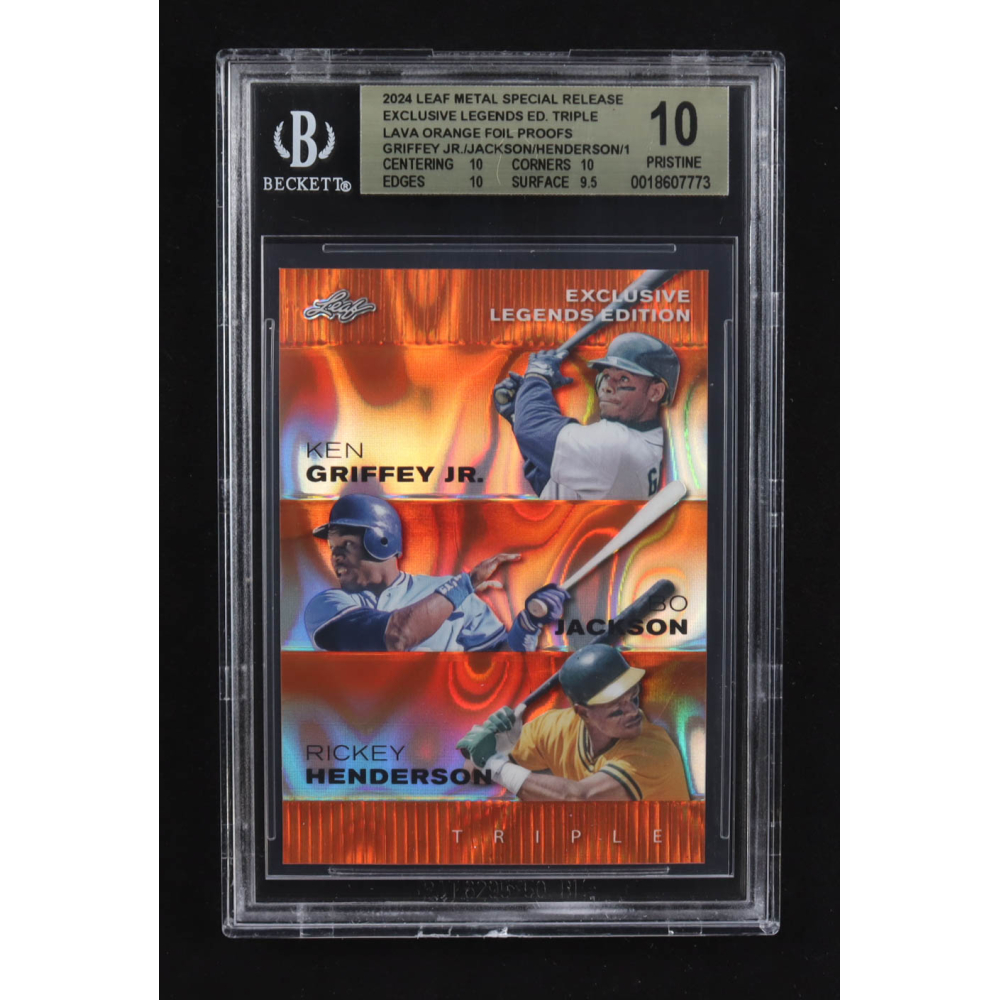 Ken Griffey Jr. / Bo Jackson / Rickey Henderson 2024 Leaf Metal Special Release Exclusive Legends Ed. Triple Lava Orange Foil Proofs (BGS 10) at PristineAuction.com