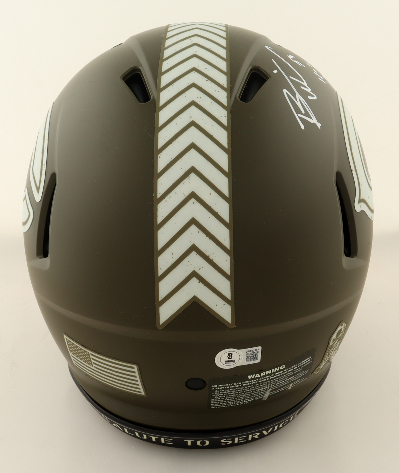 Brian Urlacher Signed Bears Full-Size Authentic On-Field Salute To Service Alternate Speed Helmet Inscribed "HOF 18" (Beckett) at PristineAuction.com Brian Urlacher Signed Bears Full-Size Authentic On-Field Salute To Service Alternate Speed Helmet Inscribed "HOF 18" (Beckett) at PristineAuction.com