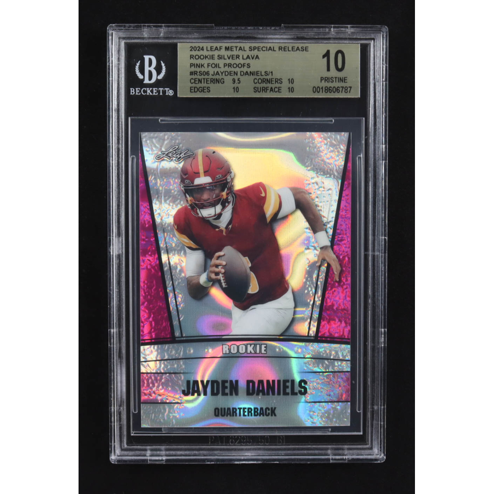 Jayden Daniels 2024 Leaf Metal Special Release Prized Rookie Silver Lava Pink Foil Proofs #RS06 RC (BGS 10) at PristineAuction.com