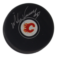 Mike Vernon Signed Flames Logo Hockey Puck (Schwartz) at PristineAuction.com