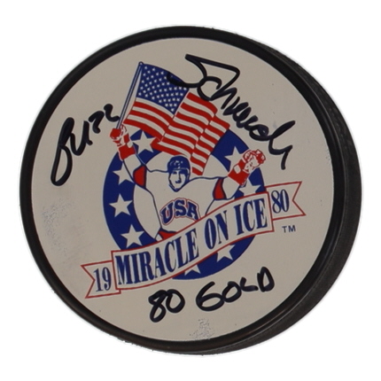 Buzz Schneider Signed 1980 Miracle On Ice Logo Hockey Puck Inscribed "80 Gold" (Schwartz) at PristineAuction.com Buzz Schneider Signed 1980 Miracle On Ice Logo Hockey Puck Inscribed "80 Gold" (Schwartz) at PristineAuction.com