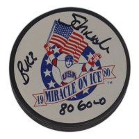 Buzz Schneider Signed 1980 Miracle On Ice Logo Hockey Puck Inscribed "80 Gold" (Schwartz) at PristineAuction.com
