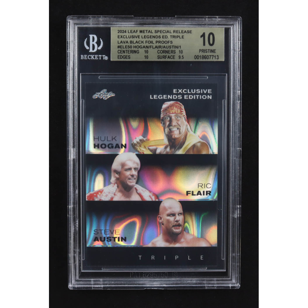 Steve Austin / Hulk Hogan / Ric Flair 2024 Leaf Metal Special Release Exclusive Legends Ed. Triple Lava Black Foil Proofs #ELE50 (BGS 10) at PristineAuction.com