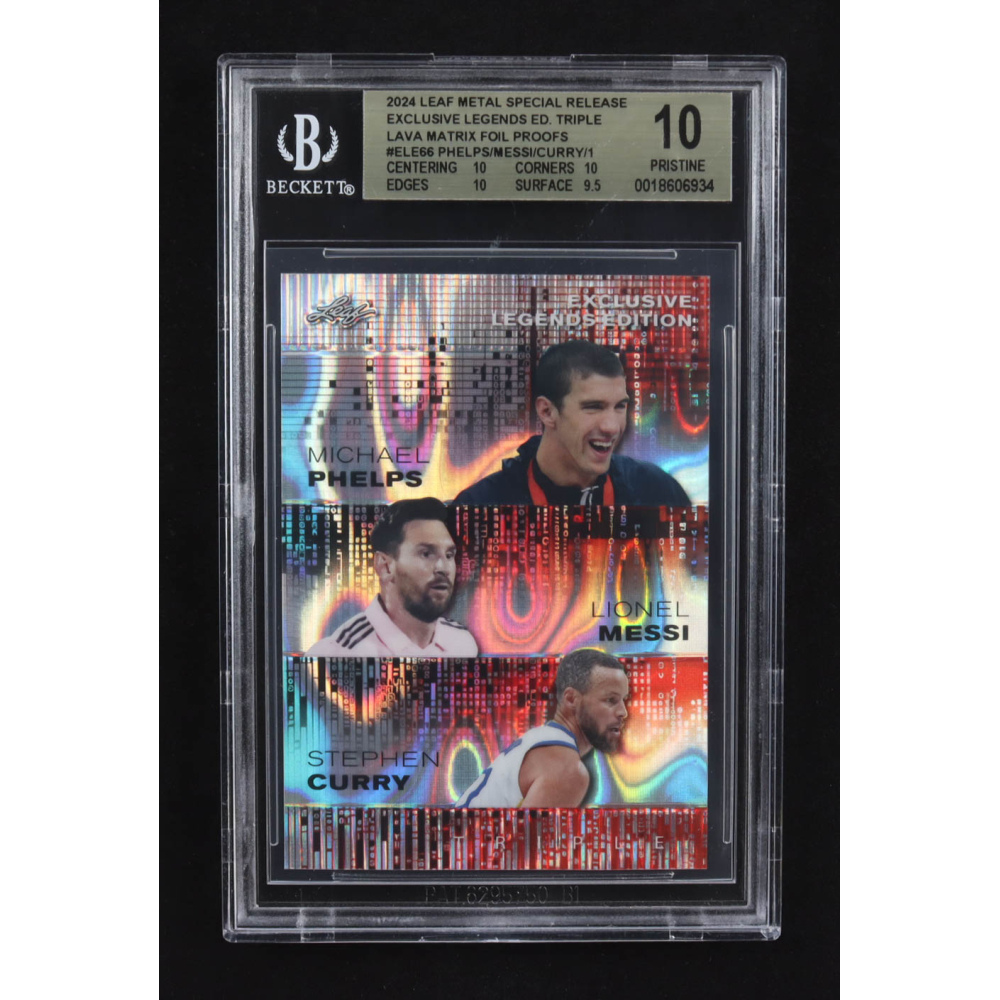Lionel Messi / Michael Phelps / Stephen Curry 2024 Leaf Metal Special Release Exclusive Legends Ed. Triple Lava Matrix Foil Proofs #ELE66 (BGS 10) at PristineAuction.com