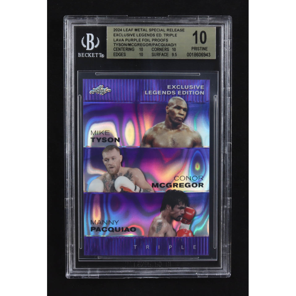 Mike Tyson / Mike Pacquiao / Conor Mcgregor 2024 Leaf Metal Special Release Exclusive Legends Ed. Triple Lava Purple Foil Proofs (BGS 10) at PristineAuction.com