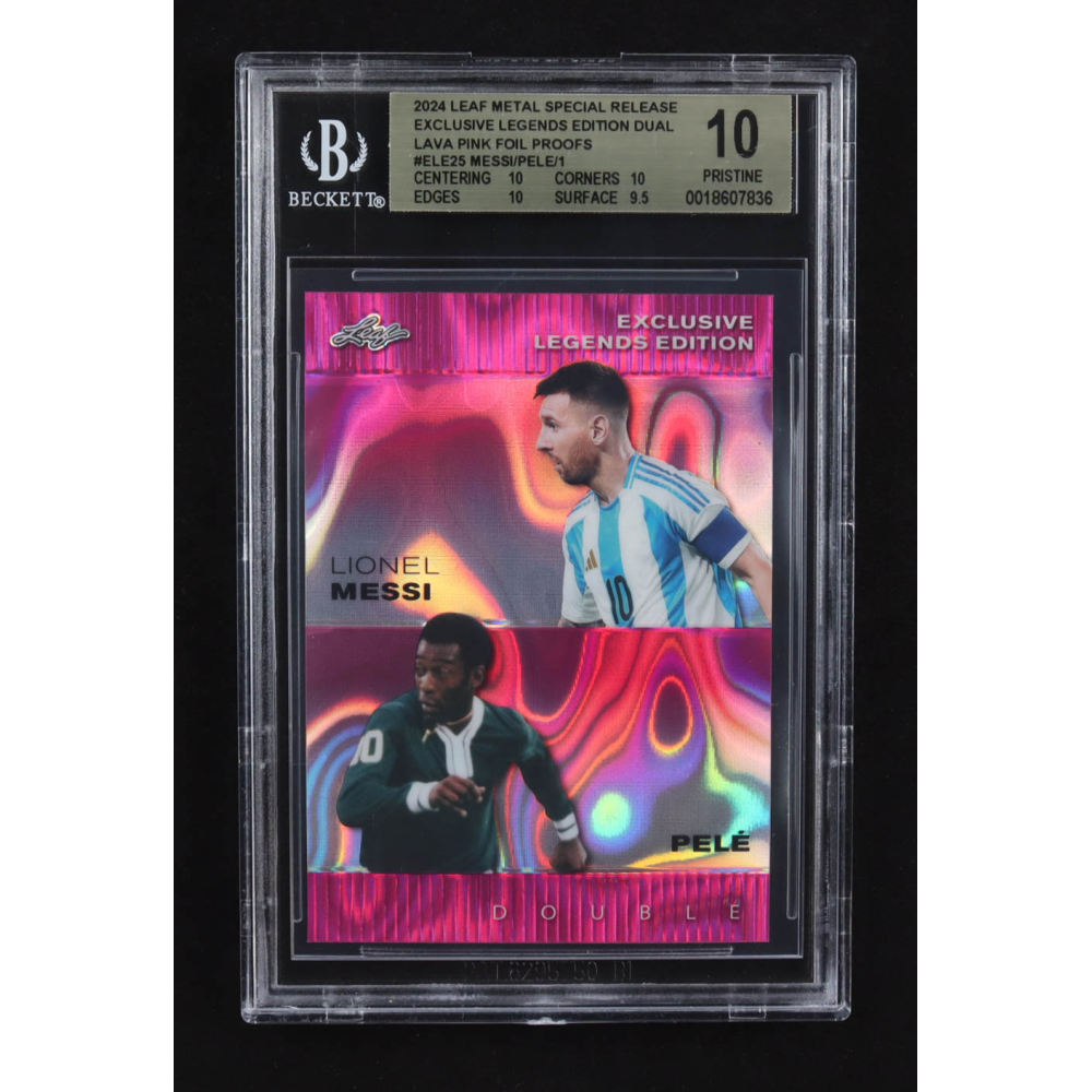 Lionel Messi / Pele 2024 Leaf Metal Special Release Exclusive Legends Ed. Dual Lava Pink Foil Proofs #ELE25 (BGS 10) at PristineAuction.com