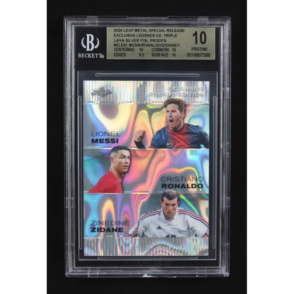 Lionel Messi / Zinedine Zidane / Cristiano Ronaldo 2024 Leaf Metal Special Release Exclusive Legends Ed. Triple Lava Silver Foil Proofs #ELE61 (BGS 10) at PristineAuction.com