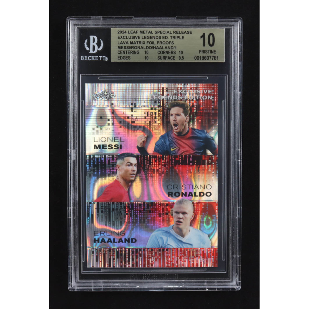 Lionel Messi / Erling Haaland / Cristiano Ronaldo 2024 Leaf Metal Special Release Exclusive Legends Ed. Triple Lava Matrix Foil Proofs (BGS 10) at PristineAuction.com