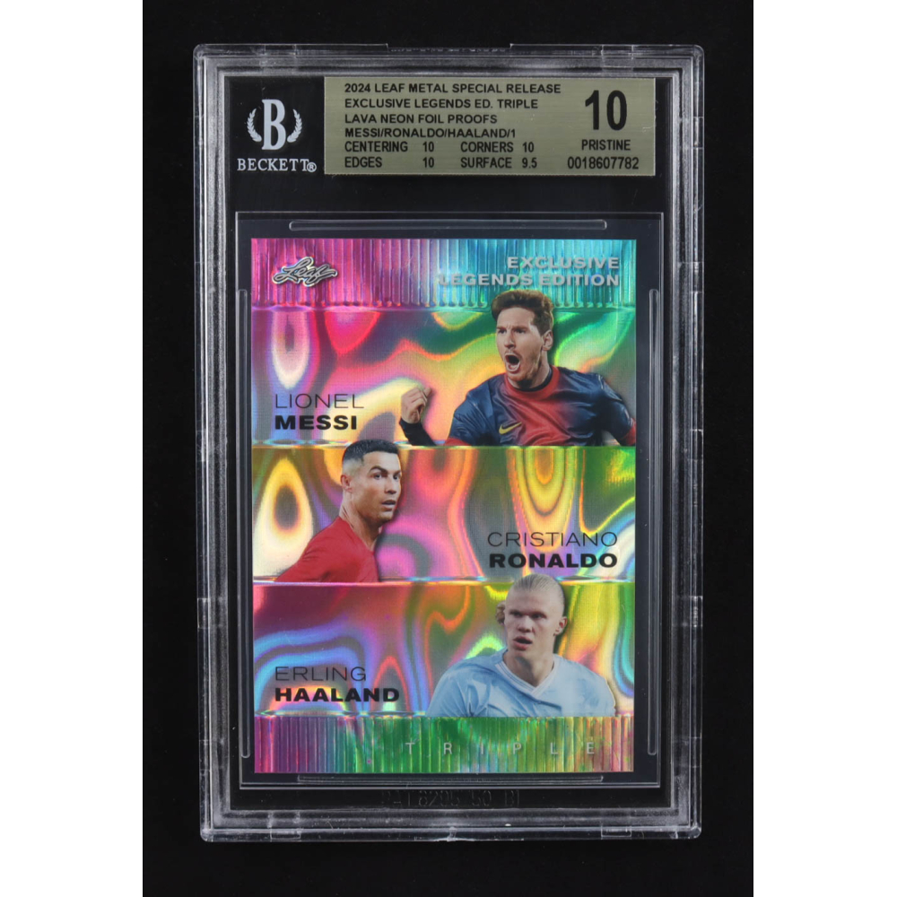 Lionel Messi / Erling Haaland / Cristiano Ronaldo 2024 Leaf Metal Special Release Exclusive Legends Ed. Triple Lava Neon Foil Proofs (BGS 10) at PristineAuction.com