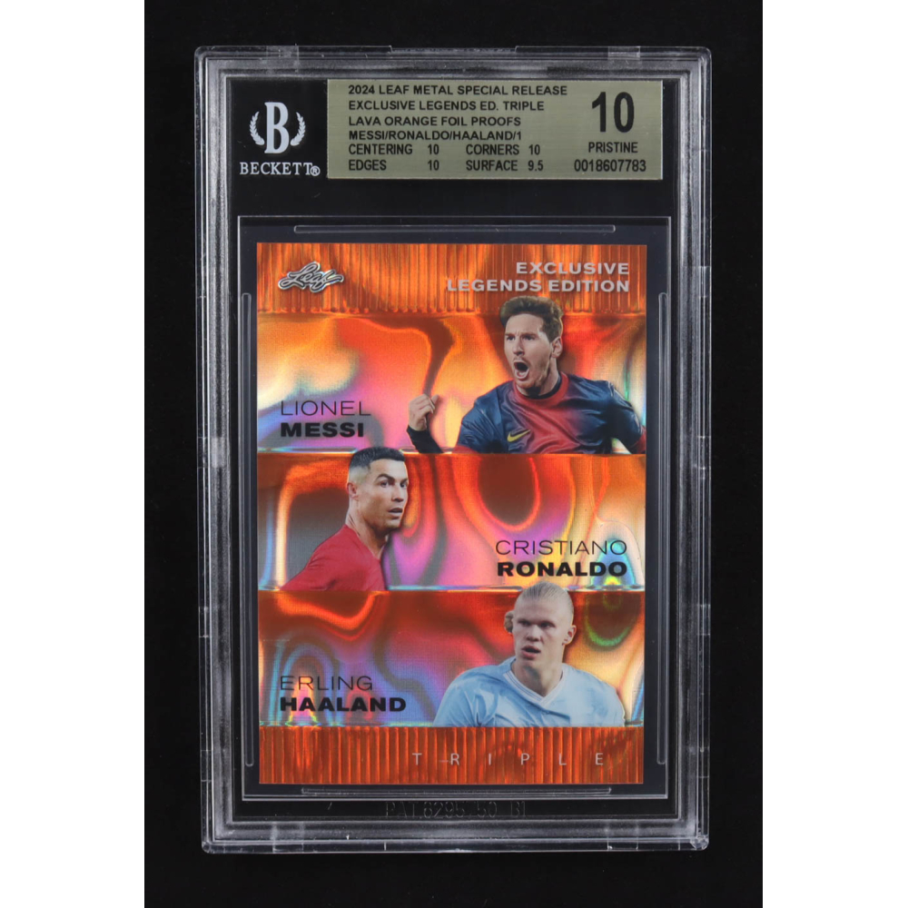 Lionel Messi / Erling Haaland / Cristiano Ronaldo 2024 Leaf Metal Special Release Exclusive Legends Ed. Triple Lava Orange Foil Proofs (BGS 10) at PristineAuction.com